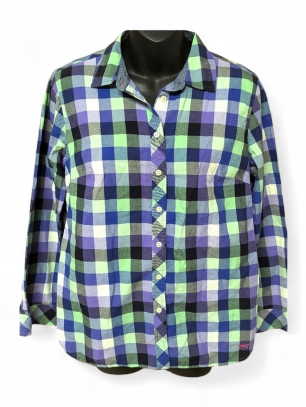 Talbot's Petites M Plaid Long Sleeve Button-Up Shirt Purple & Green 100% Cotton